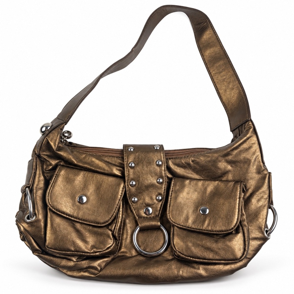 Vintage Y2K Metallic Bronze Studded Cargo Pocket Hobo Shoulder Bag Purse